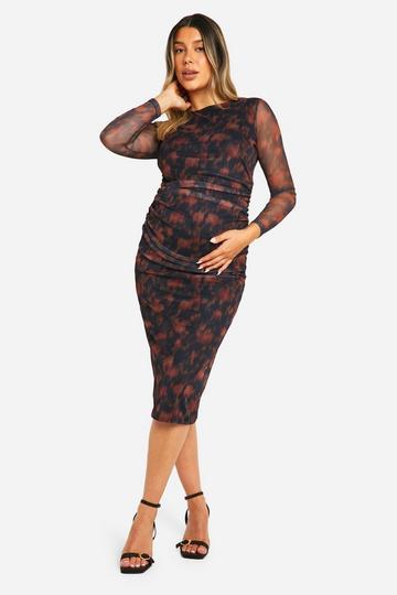 Maternity Blurred Floral Print Mesh Ruched Detail Long Sleeve Midi Dress chocolate