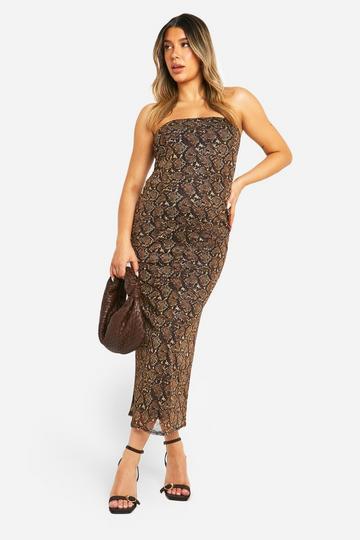 Maternity Snake Print Mesh Bandeau Column Midaxi Dress brown