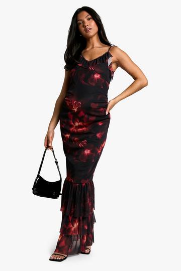 Red Maternity Floral Print Mesh Ruffle Hem Detail Strappy Maxi Dress