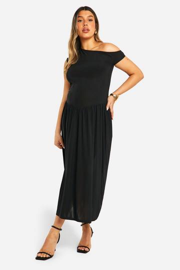 Maternity Slinky Off The Shoulder Drop Waist Full Skirt Midi Dress black