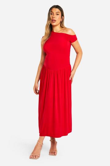 Red Maternity Slinky Off The Shoulder Drop Waist Full Skirt Midi Dress