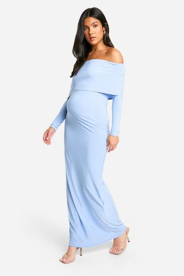 Maternity Slinky Deep Bardot Long Sleeve Maxi Dress dusty blue