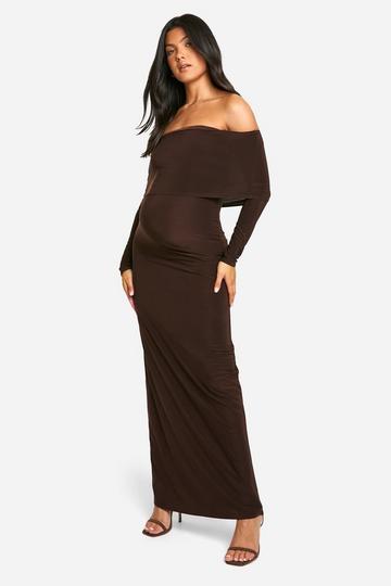 Maternity Slinky Deep Bardot Long Sleeve Maxi Dress chocolate