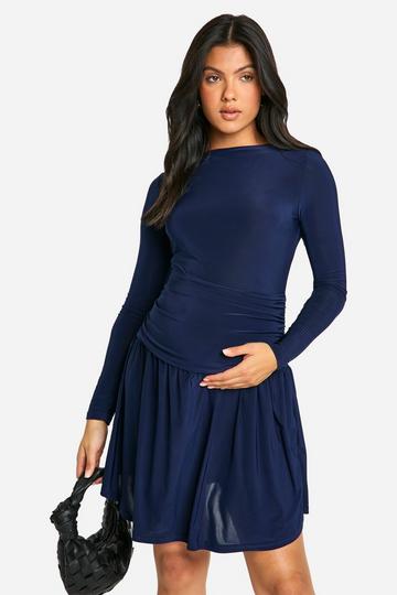 Navy Maternity Slinky Slash Neck Gathered Detail Mini Dress