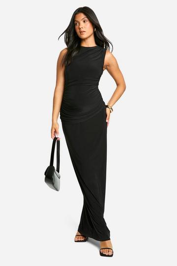 Black Maternity Slinky Slash Neck Gathered Detail Maxi Dress