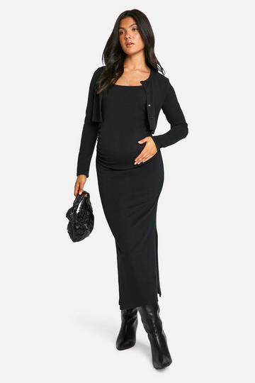 Black Maternity Textured Rib Strappy Side Split Midi Dress & Crop Cardigan