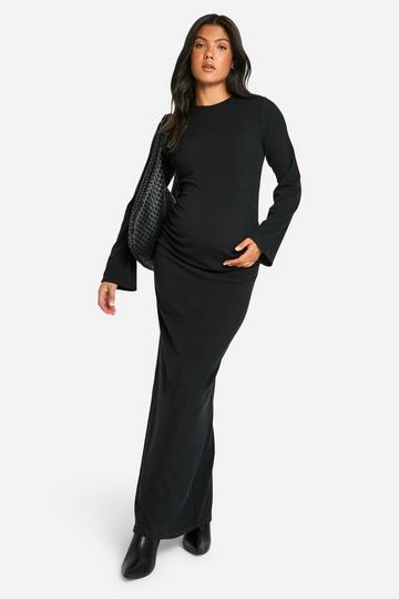 Black Maternity Rib Round Neck Flared Sleeve Column Maxi Dress