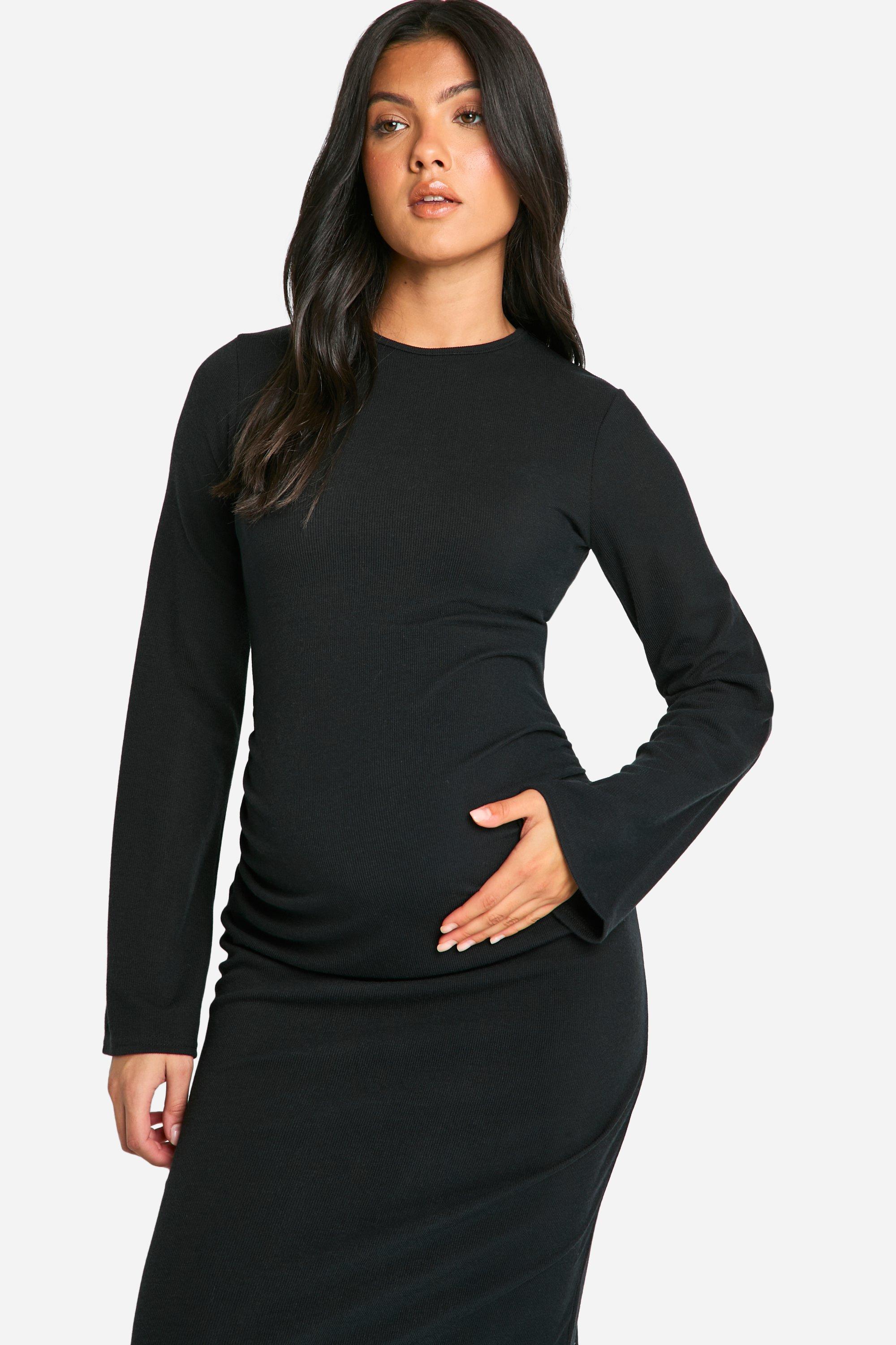 Maternity Rib Round Neck Flared Sleeve Column Maxi Dress boohoo