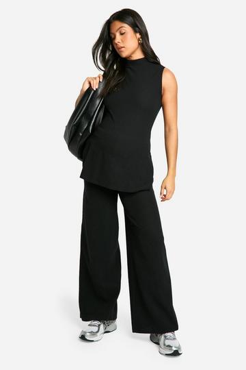 Zwangerschap Zachte Geribbelde Wide Leg Broek black