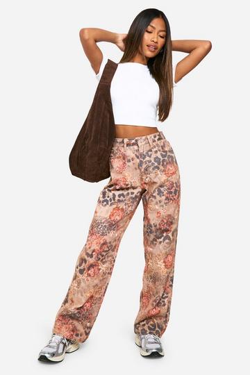 Rozen Luipaardprint Jeans Met Rechte Pijpen leopard