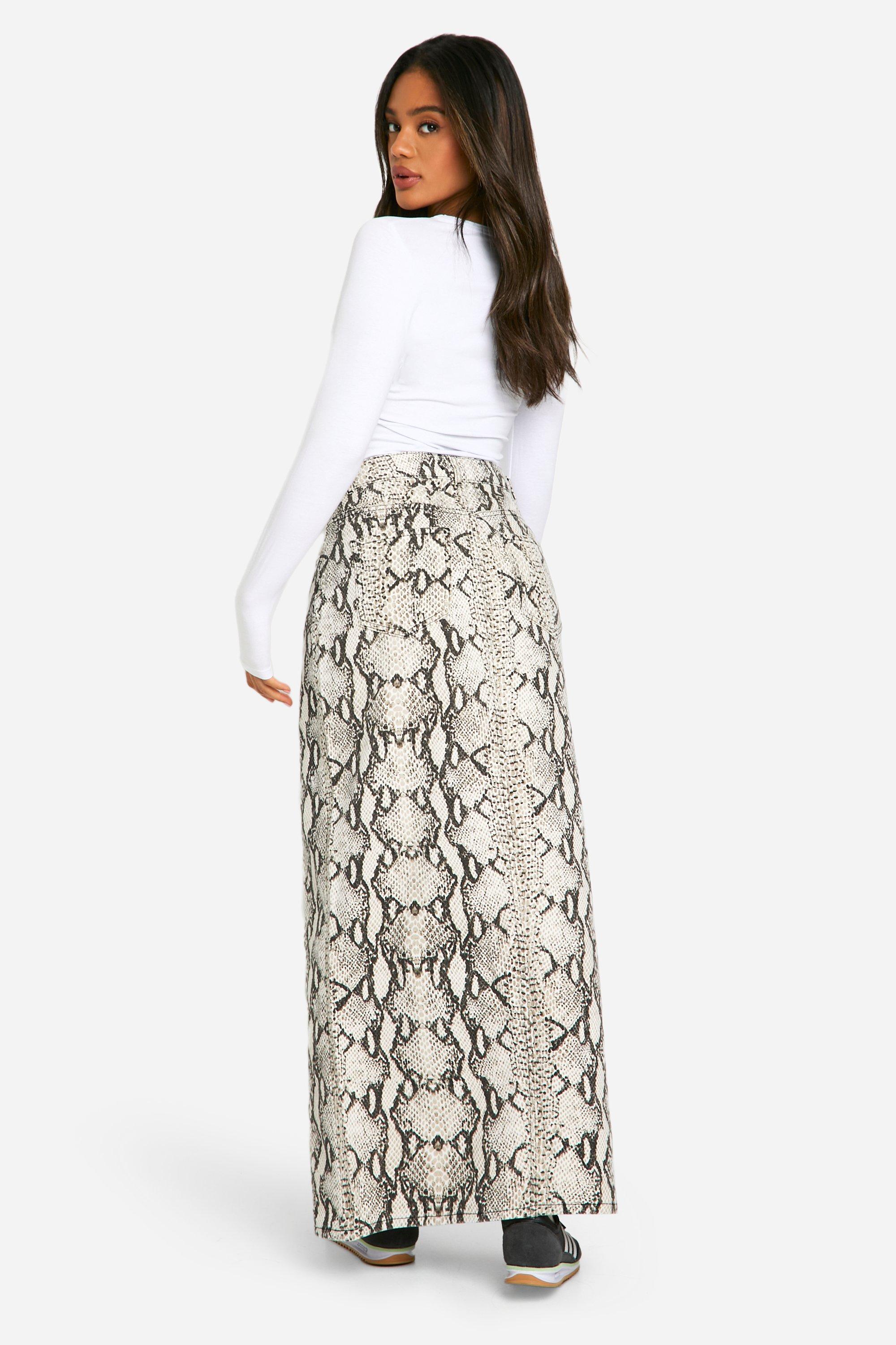 Snake Print Denim Midaxi Skirt