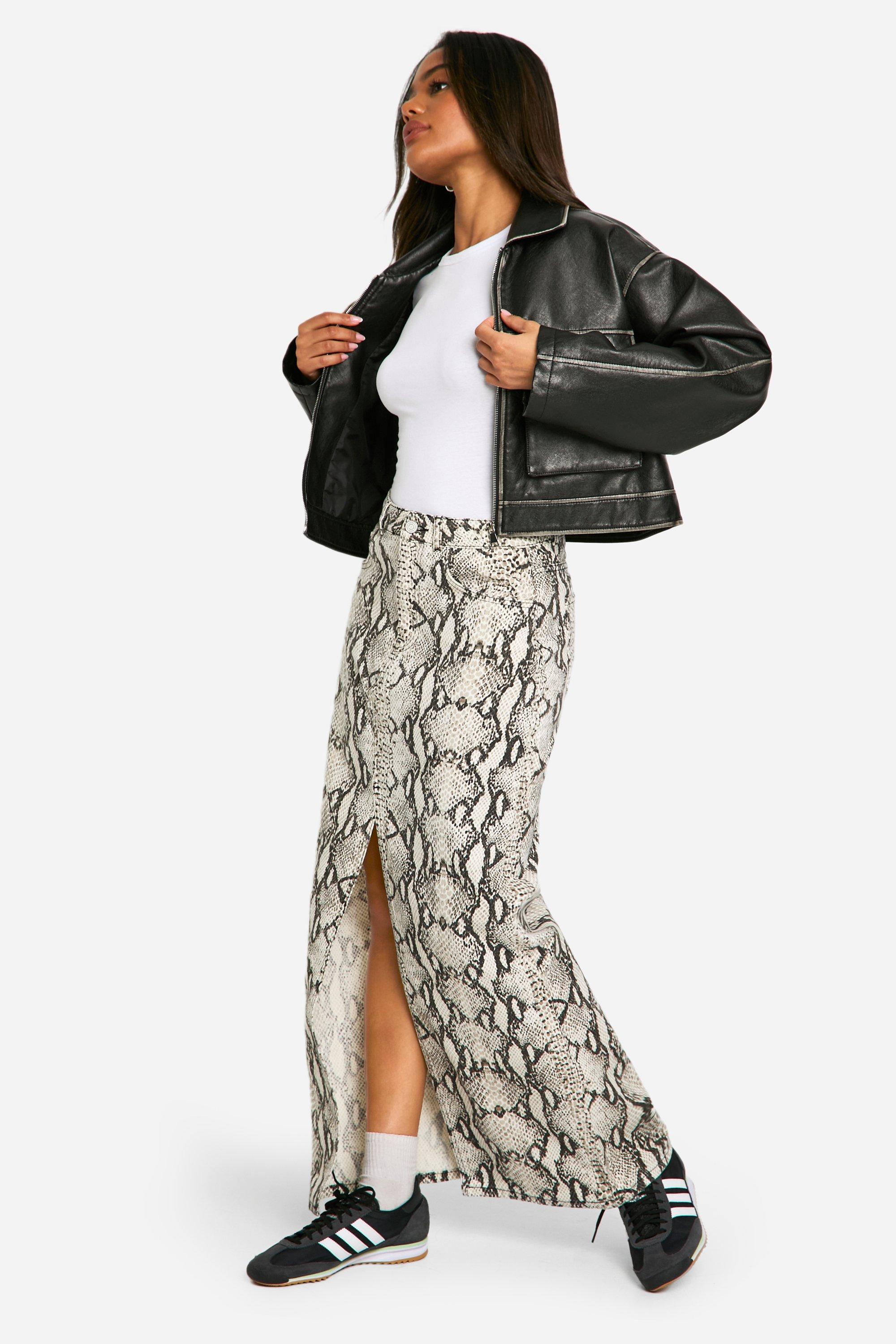 Pink snake print denim skirt hotsell