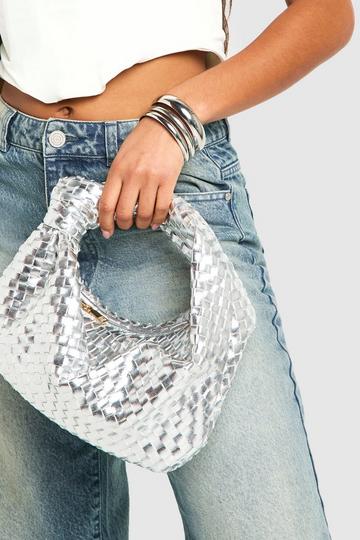 Silver Metallic Woven Knot Handle Bag