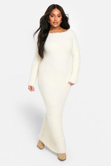 Cream White PLUS KNITTED LONG SLEEVE MAXI DRESS