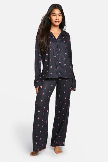 Bow Print Long Sleeve Shirt And Trouser Pyjama Set black