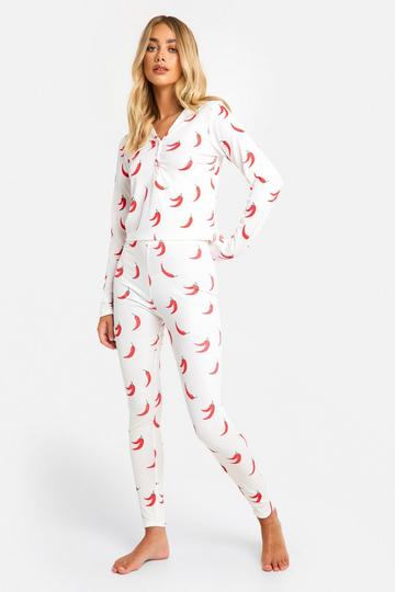 White Chilli Print Ribbed Leggings Pyjama Set