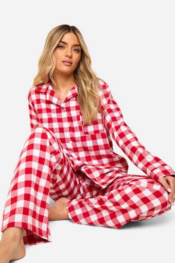 Christmas Soft Touch Check Button Through Shirt and Trouser Pyjama Set red