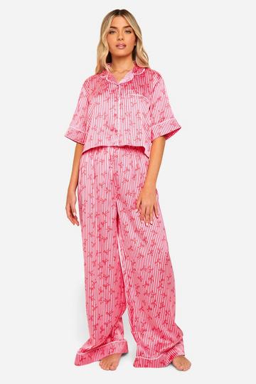 Red Christmas Bow Print Satin Shirt & Trouser Pyjama Set