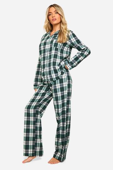 Christmas Soft Touch Check Button Through Shirt and Trouser Pyjama Set green