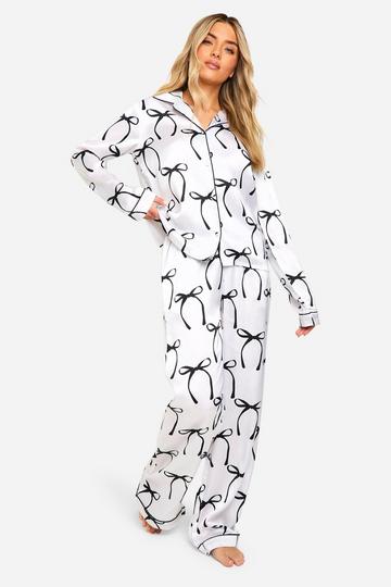 White Bow Print Satin Long Sleeve Shirt & Trousers Pyjama Set