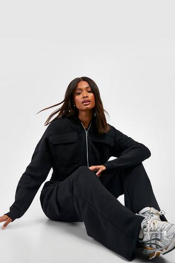 Cargo Pocket Cropped Hoodie Straight Leg Tracksuit black