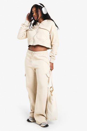 Cargo Pocket Cropped Hoodie Straight Leg Tracksuit stone