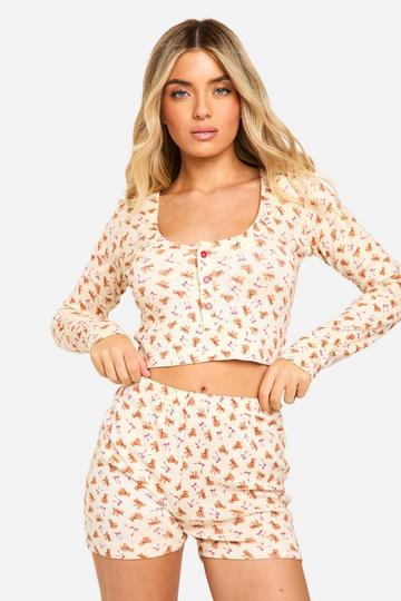 Beige Christmas Bear Print Pointelle Long Sleeve Top and Shorts Pyjama Set