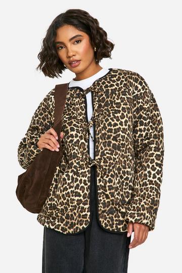 Tall Gewatteerde Luipaardprint Jas Met Strik leopard