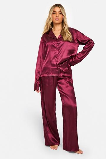 Satin Button Through Shirt & Trouser Pyjama Set burgundy