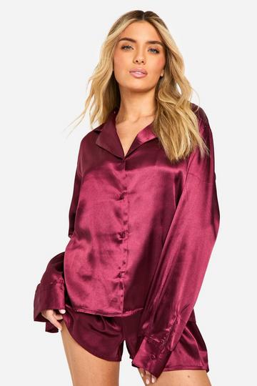 Satin Button Through Shirt & Shorts Pyjama Set burgundy