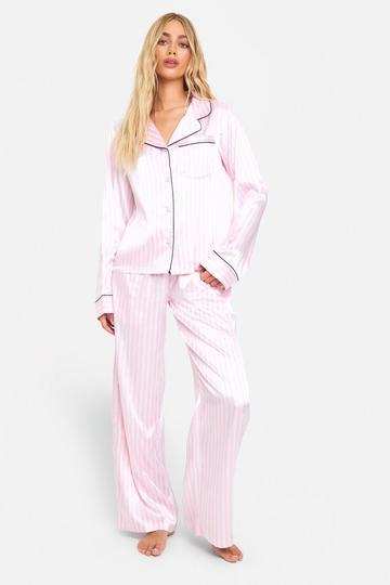 Candy Stripe Satin Button Through Shirt & Trouser Pyjama Set pink