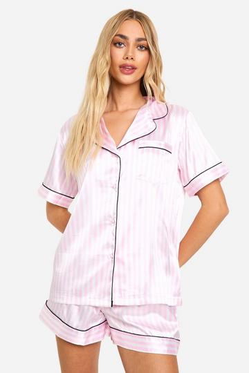 Candy Stripe Satin Button Through Shirt & Shorts Pyjama Set pink