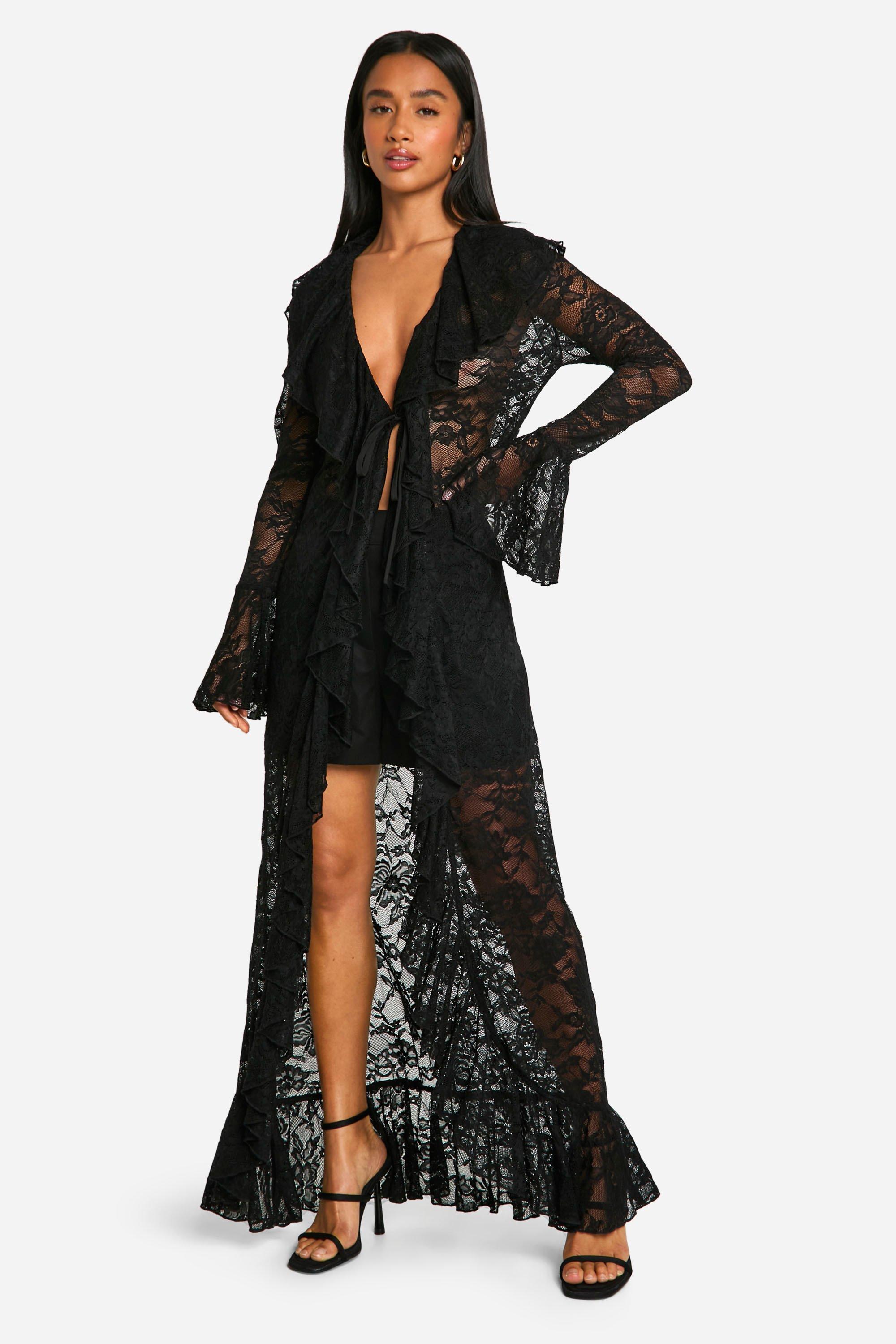 Boohoo Women s Petite Lace Extreme Ruffle Tie Front Dress Black
