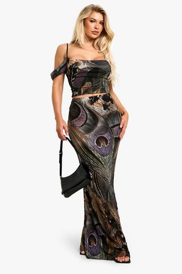 Crushed Mesh Peacock Feather Printed Maxi Skirt multi