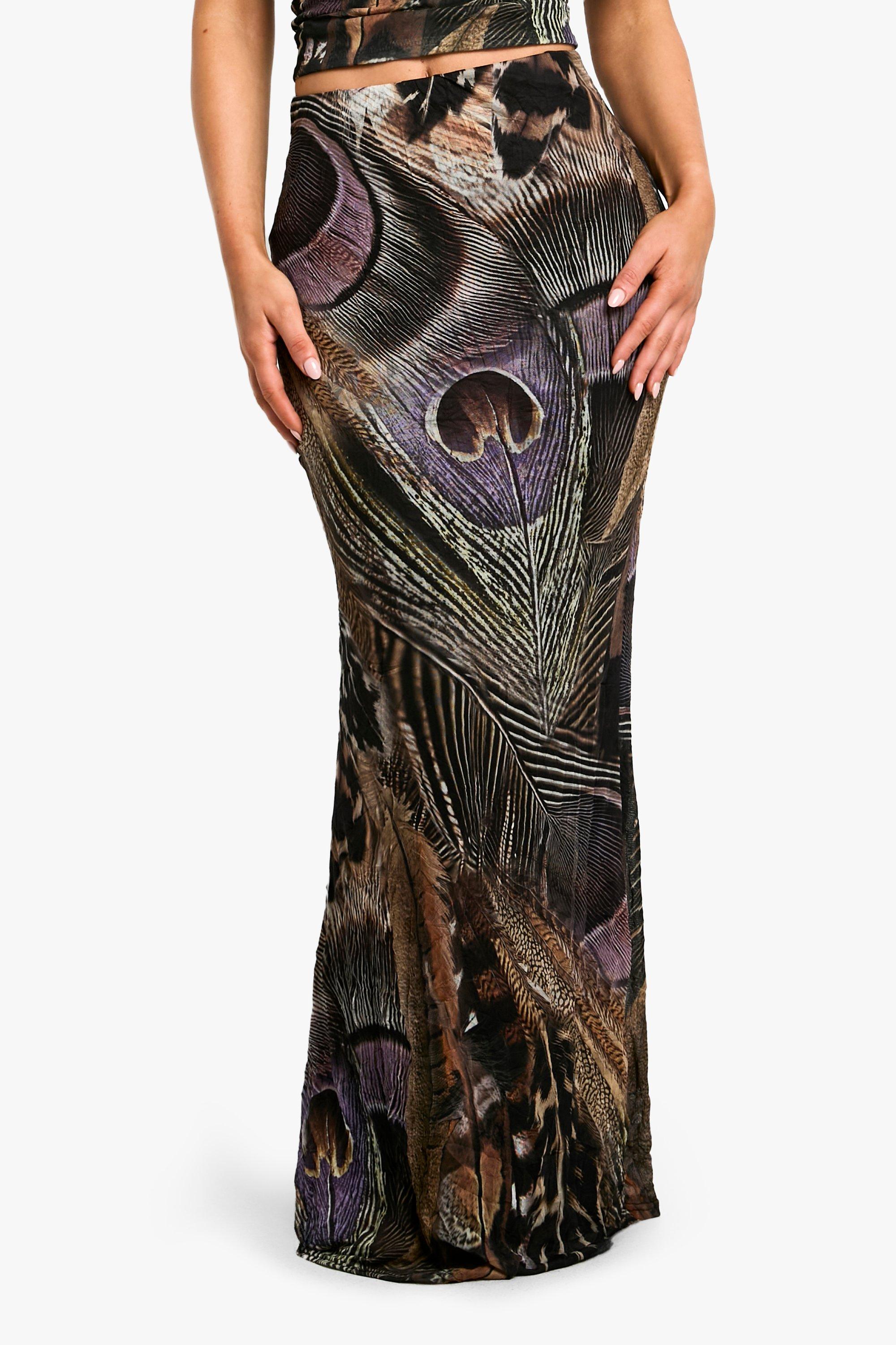 Crushed Mesh Peacock Feather Printed Maxi Skirt