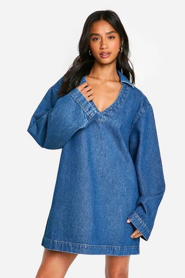 Petite - Robe droite en jean à manches évasées blue