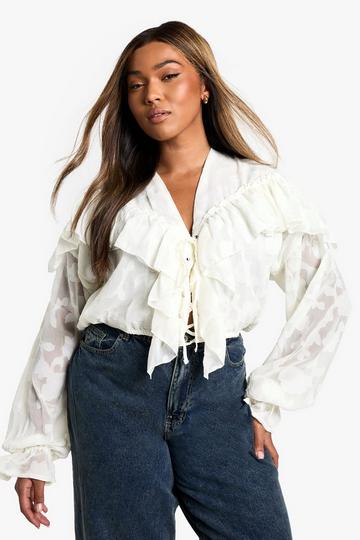 Plus Burnout Lace Up Ruffle Cuff Blouse cream