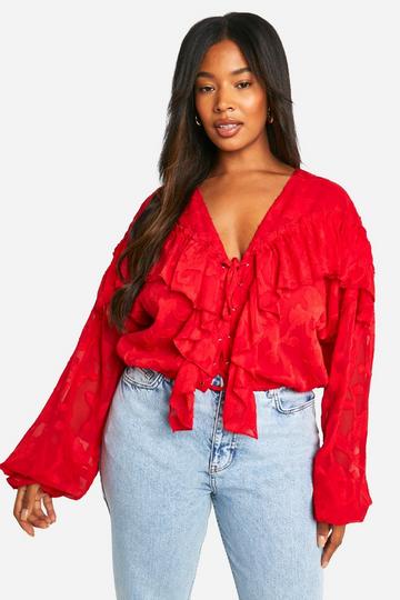 Plus Burnout Lace Up Ruffle Cuff Blouse red