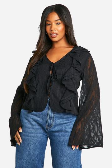 Plus Burnout Animal Tie Front Ruffle Blouse black