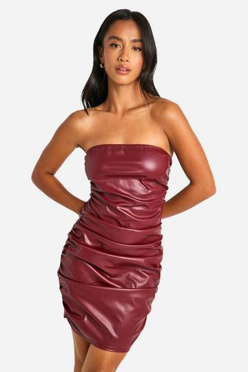 Burgundy Red Petite Ruched PU Bandeau Mini Dress