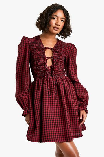 Tall Check Volume Sleeve Tie Front Mini Skater Dress dark red