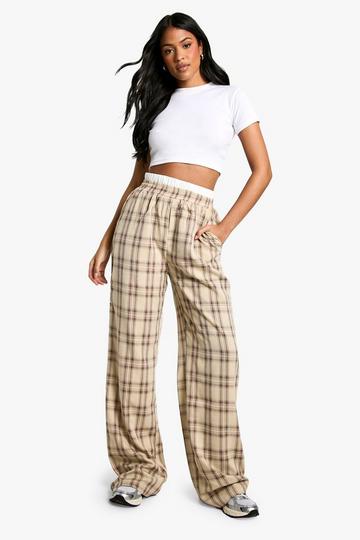 Tall Contrast Waistband Check Wide Leg Trouser stone