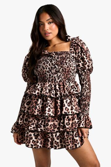 Petite Shirred Leopard Shirred Tiered Ruffle Skater Dress animal