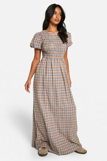 Blue Petite Check Volume Sleeve Pock Detail Maxi Dress