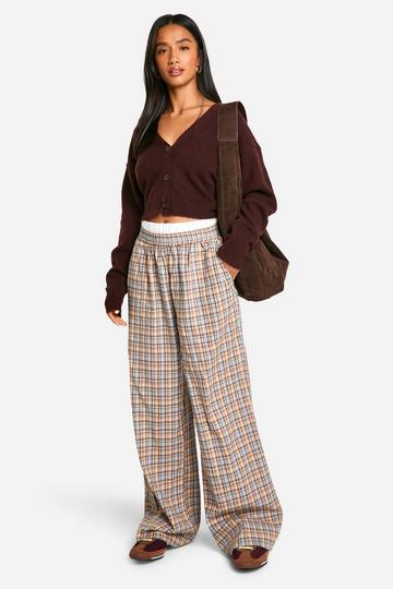 Petite Contrast Waistband Check Wide Leg Trouser blue