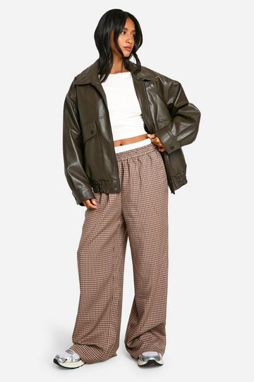 Petite Contrast Waistband Grid Check Wide Leg Trouser tan