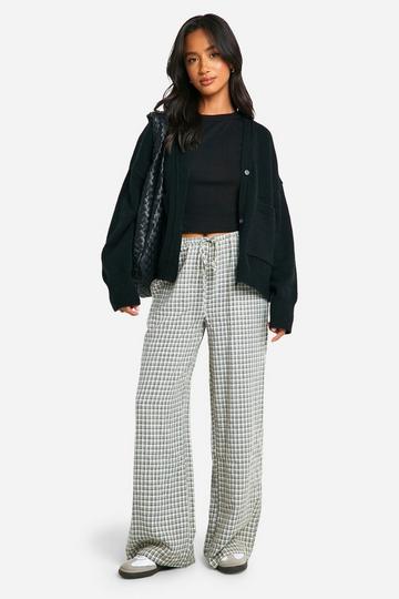 Petite Grid Check Drawstring Wide Leg Trouser black