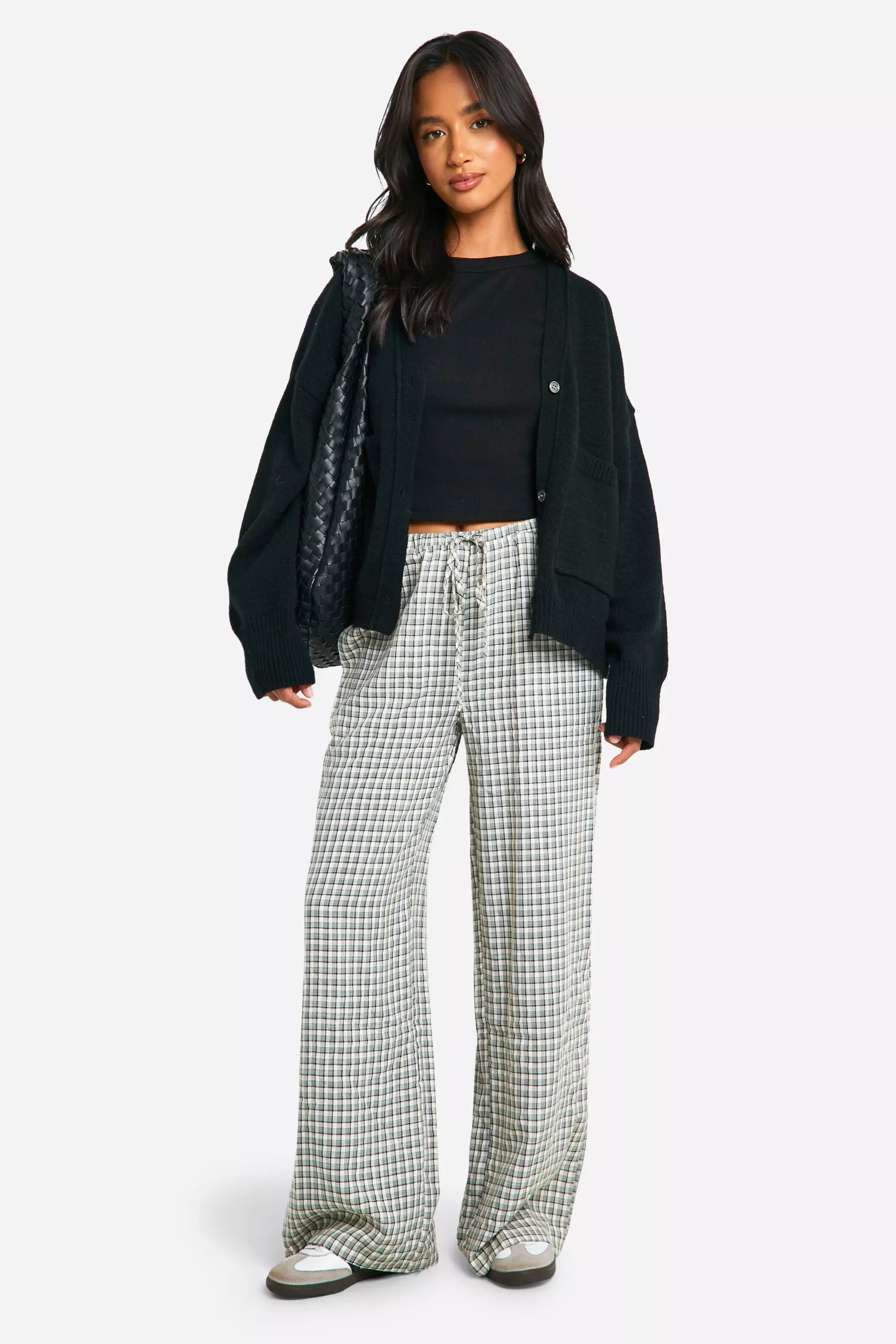 Black Petite Grid Check Drawstring Wide Leg Trouser  alternative image