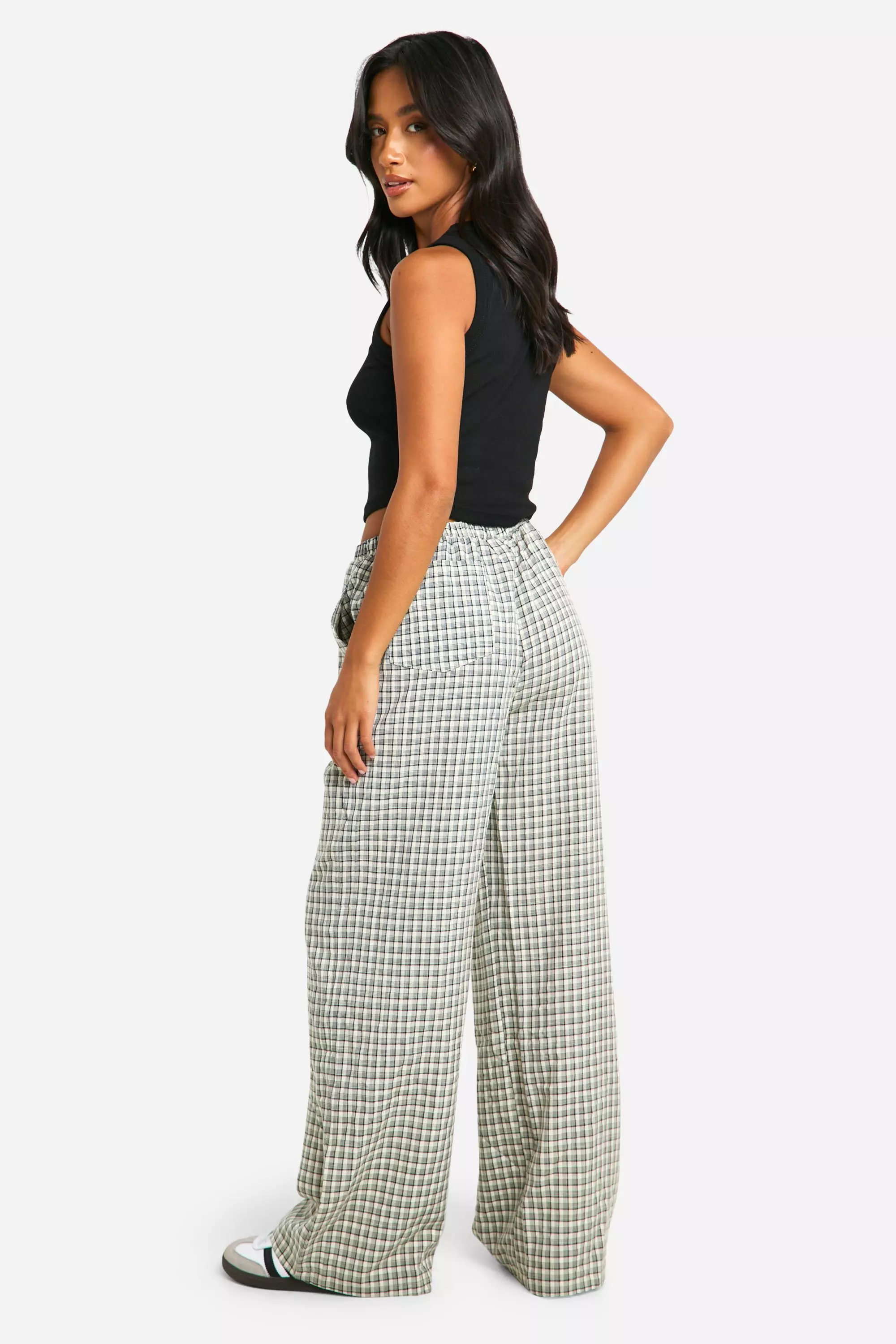 Black Petite Grid Check Drawstring Wide Leg Trouser  alternative image