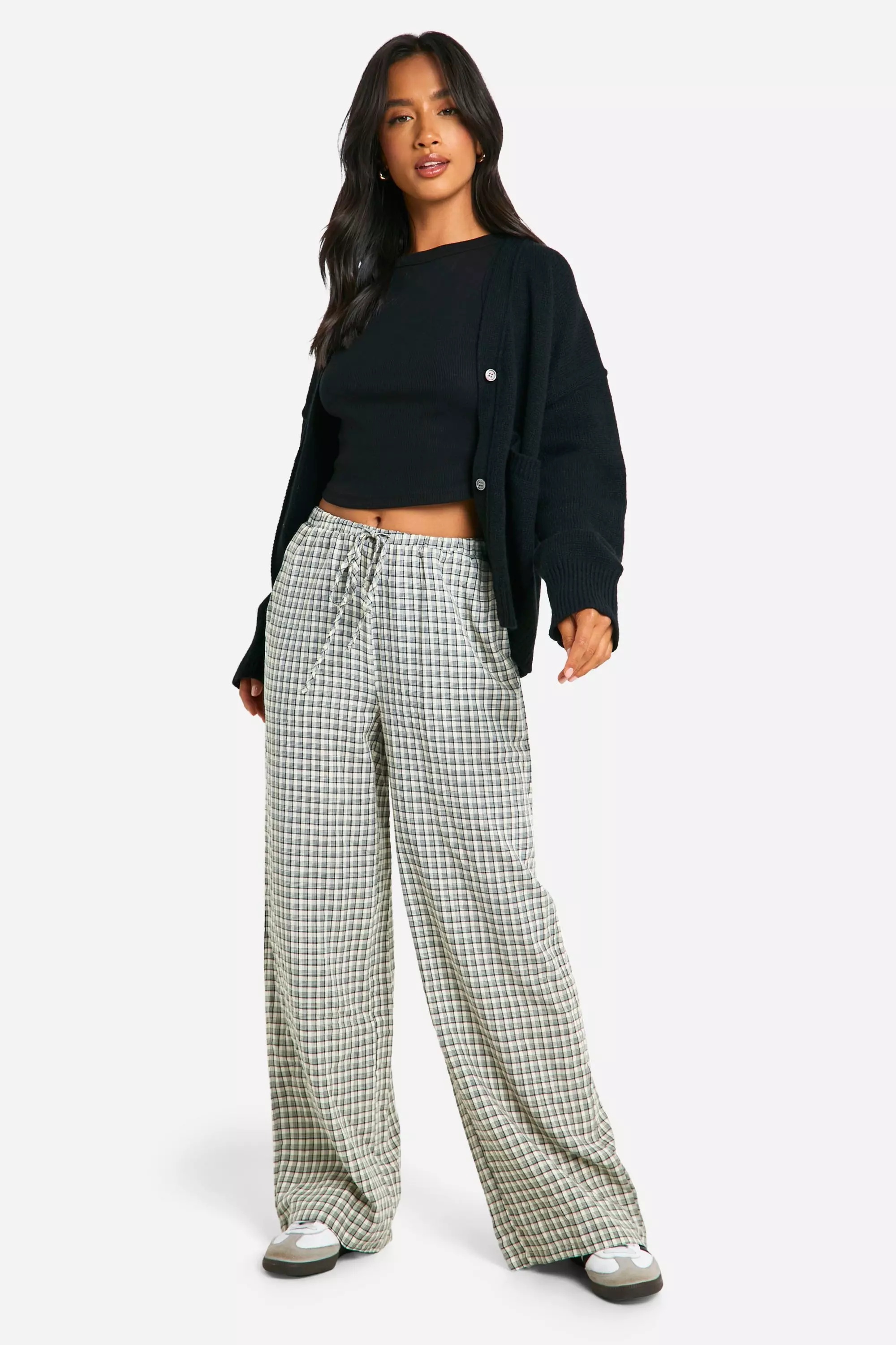 Black Petite Grid Check Drawstring Wide Leg Trouser  alternative image